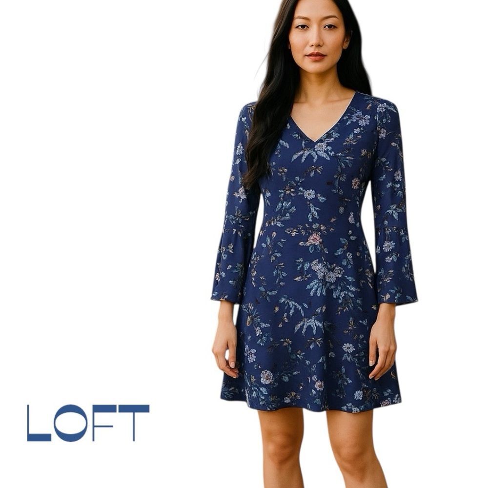 LOFT Blue Floral Ruffled Bell Sleeves CottageCore Dress NWOT Size 2P